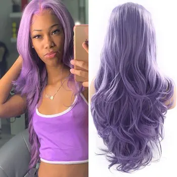 Синтетический парик с кружевом спереди, лавандово-фиолетовый, Свободная объемная волна, Термостойкое волокно, Натуральная линия роста волос, Средний пробор для женщин