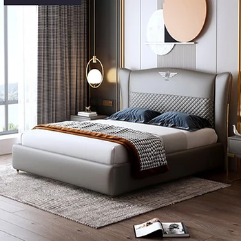 Современная кожаная кровать, легкая роскошная двуспальная кровать 1,8 метра, главная спальня, элитная небольшая квартира, элитная атмосфера, мода