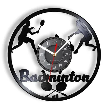 Современные настенные часы для бадминтона для гостиной с изображением ракетки для бадминтона, черные настенные часы, спортивная виниловая музыкальная пластинка, настенные часы