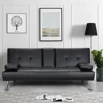 Современный футон из искусственной кожи с подстаканниками и подушками, черный раскладной диван-кровать с подстаканниками и подушками