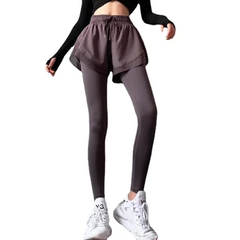 Спортивные колготки для спортзала, женские поддельные брюки для фитнеса из двух частей, женские спортивные штаны для йоги с высокой талией, эластичные, обтягивающие, для бега, Хакама