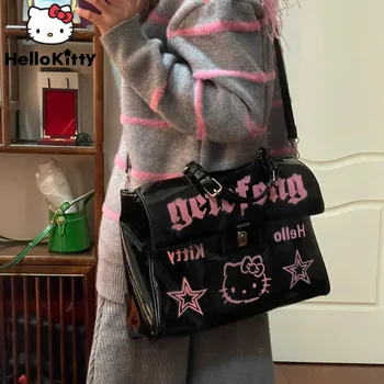 Сумки Sanrio Hello Kitty Star Girl Y2K, женская сумка через плечо с принтом, черная розовая контрастная сумка, модная сумка-тоут большой емкости