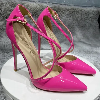 Темно-розовые женские туфли-лодочки с перекрестным ремешком, игольчатые туфли на высоком остром каблуке для дам, элегантные шикарные модельные туфли, размер