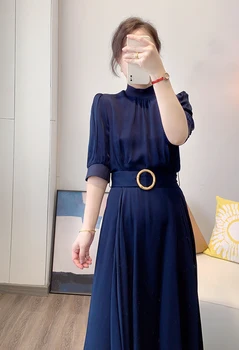 Темно-синее платье миди с короткими рукавами и поясом неправильной длины UK 6-UK 16