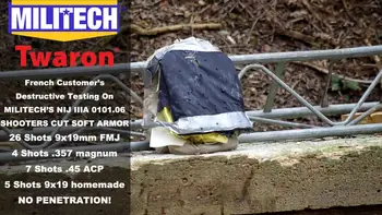 Тестовое видео-Militech NIJ IIIA 10x12 STC Cut Aramid Panel Видео разрушающего теста французского заказчика