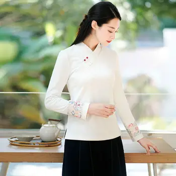 Топ в китайском стиле, блузка с длинным рукавом, топы в стиле ретро hanfu, элегантный восточный костюм эпохи тан, винтажная чайная китайская блузка a754