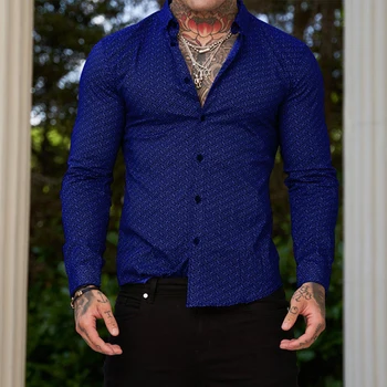 Уличная одежда Повседневная синяя мужская рубашка с воротником с цифровым принтом, модная рубашка с длинным рукавом, верхняя мужская одежда