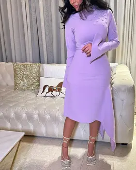 Фиолетовая кнопка 2023, новый стиль выпускных платьев, длинные рукава, высокий вырез, элегантные вечерние платья для женщин, арабские вечерние платья