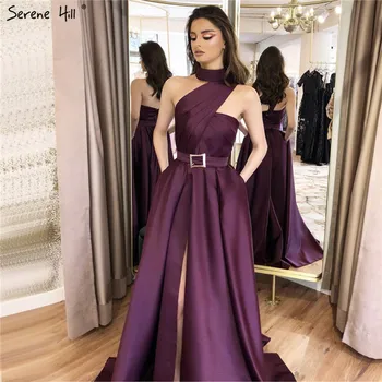 Фиолетовые Сексуальные атласные вечерние платья на одно плечо 2023, Простые вечерние платья с высоким воротом и рюшами, Длинные Serene Hill LA70216