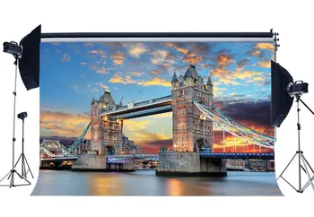 Фон для фотосъемки Лондонский Тауэрский мост Река Темза Европейская архитектура Голубое Небо Красочные Облака Природа Романтические фоны
