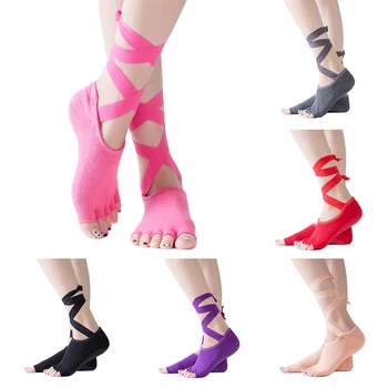 Хлопчатобумажные носки для йоги с ремешками для женщин, подходящие для занятий йогой, балетом, пилатесом, с нескользящими частицами, танцевальные носки из чистого хлопка на завязках