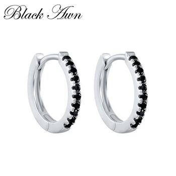 Черная ость Классического серебристого цвета, круглые черные модные обручальные серьги-кольца со шпинелью для женщин, ювелирные изделия I163