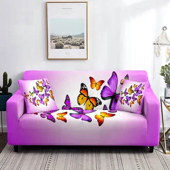 Чехол для дивана с бабочкой, эластичный чехол для мебели для гостиной, чехол для дивана с розовым и фиолетовым принтом, моющиеся чехлы для мебели