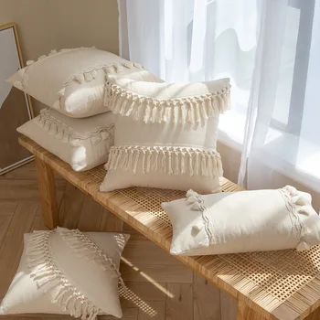 Чехол для подушки с кисточками, однотонная белоснежная квадратная наволочка для кровати, кресла, дивана, свадебное украшение для дома, художественная наволочка