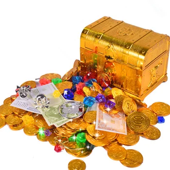 Шкатулка для поиска сокровищ, детская шкатулка с сокровищами, ретро Пластиковая Большая коробка с игрушками, Золотыми монетами и пиратскими драгоценными камнями, набор для игр
