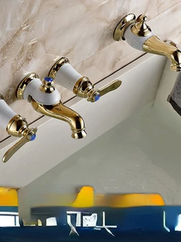 Шкафчик для ванной комнаты, Двойная раковина, Раковина в европейском стиле с золотым выдвижным комбинированным краном на три-четыре отверстия