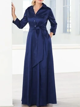 Элегантное темно-синее платье трапециевидной формы для матери невесты, большие размеры, V-образный вырез, рукава длиной до пола, атласное свадебное вечернее платье Vestidos