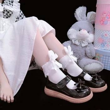 Японская Сладкая Лолита Каваи Хлопчатобумажные носки для экипажа Плюшевый Кролик Заячьи ушки Кружевной Бант Студенческие Чулочно-носочные изделия средней длины