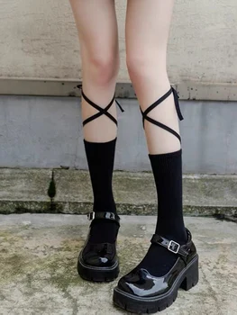 Японский женский носок Harajuku, Летние Черно-белые носки-трубки с перекрестными бретельками, сексуальная юбка с надписью 